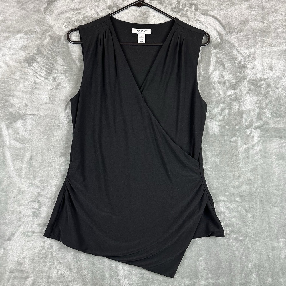 White House Black Market Blouse Top Women's M Black Faux Wrap Asymmetrical Hem